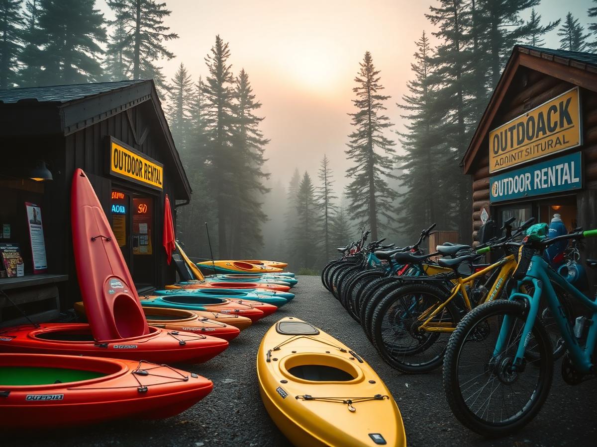 Colorful kayaks and mountain bikes outside a mountain outdoor rental shop