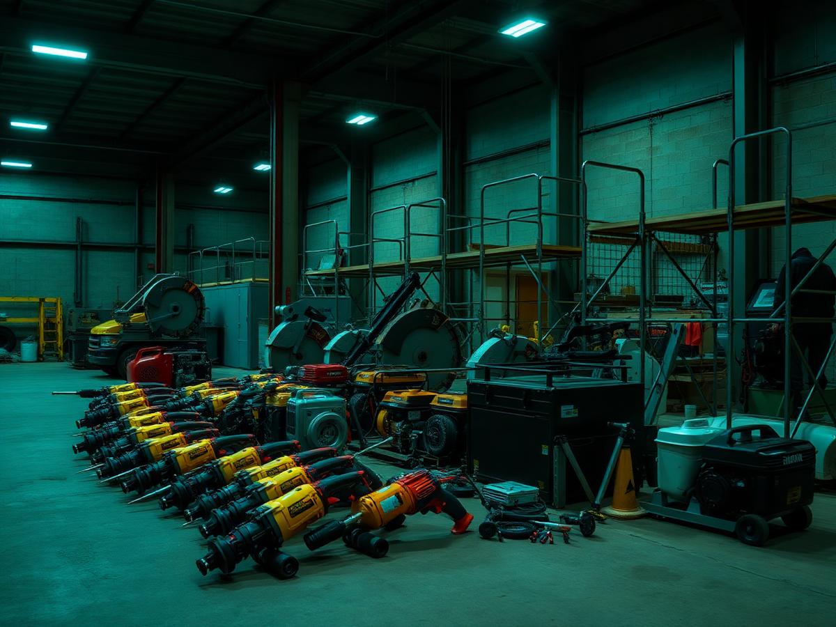 Heavy contractor tools arranged in an industrial tool yard