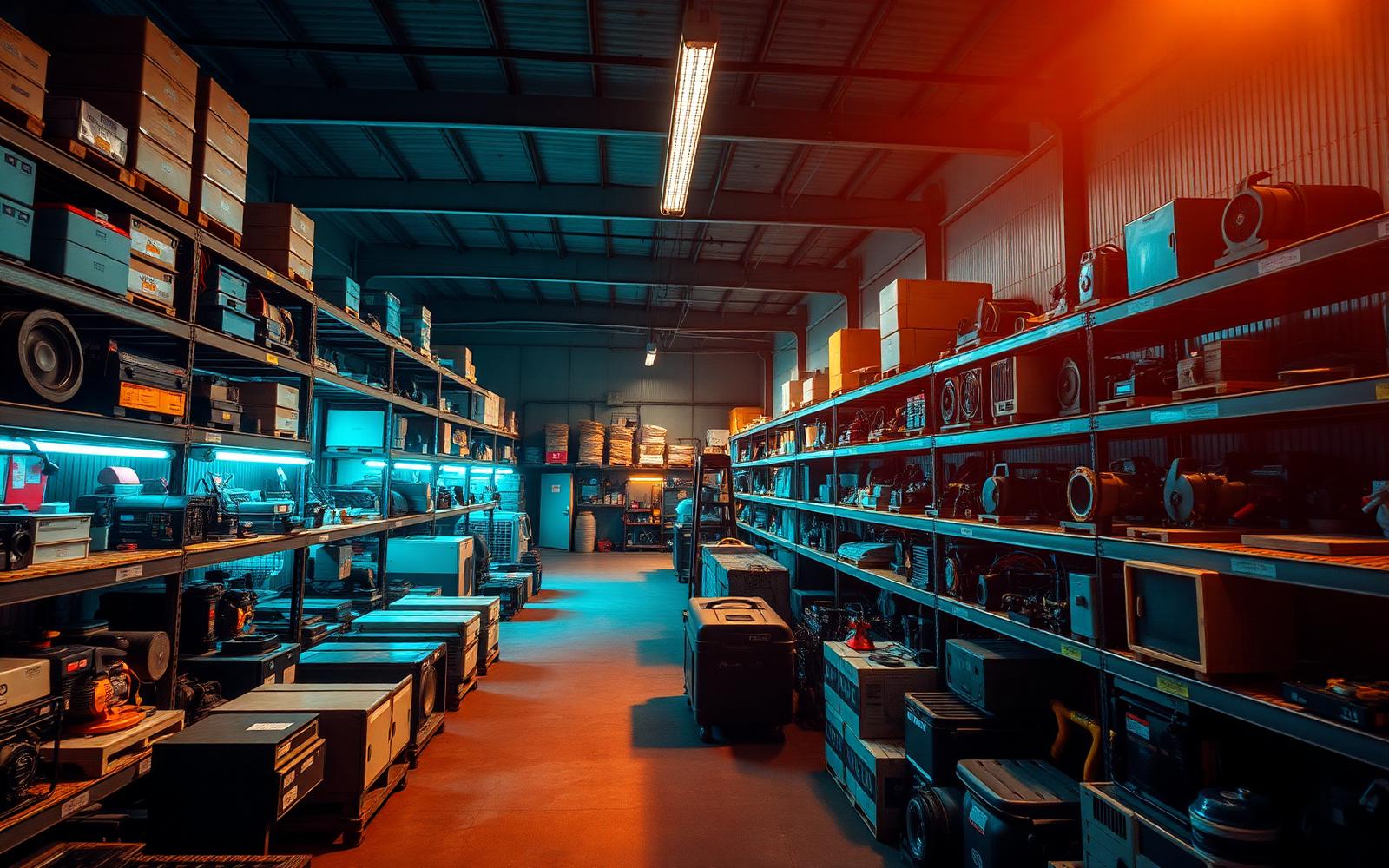 Equipment rental yard interior with organized shelves of tools and gear